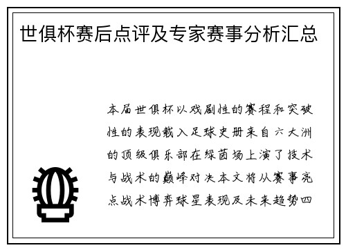 世俱杯赛后点评及专家赛事分析汇总