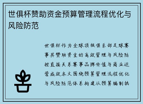 世俱杯赞助资金预算管理流程优化与风险防范
