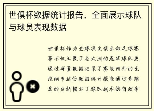 世俱杯数据统计报告，全面展示球队与球员表现数据